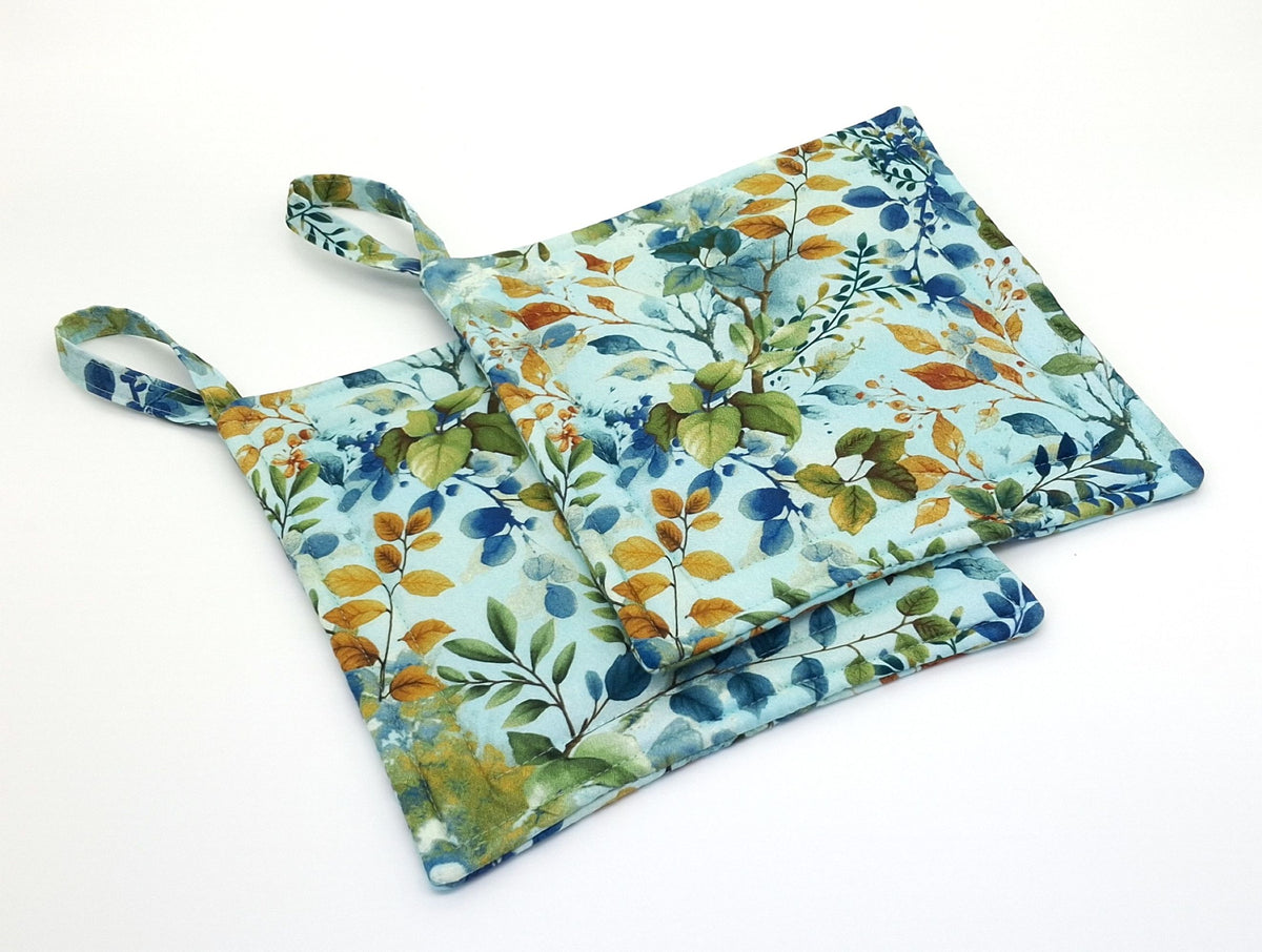 Handmade Botanical Potholders Set of 2, Cotton Insulated Hot Pads, Watercolor Leaves Kitchen Gift