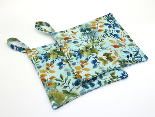 Handmade Botanical Potholders Set of 2, Cotton Insulated Hot Pads, Watercolor Leaves Kitchen Gift