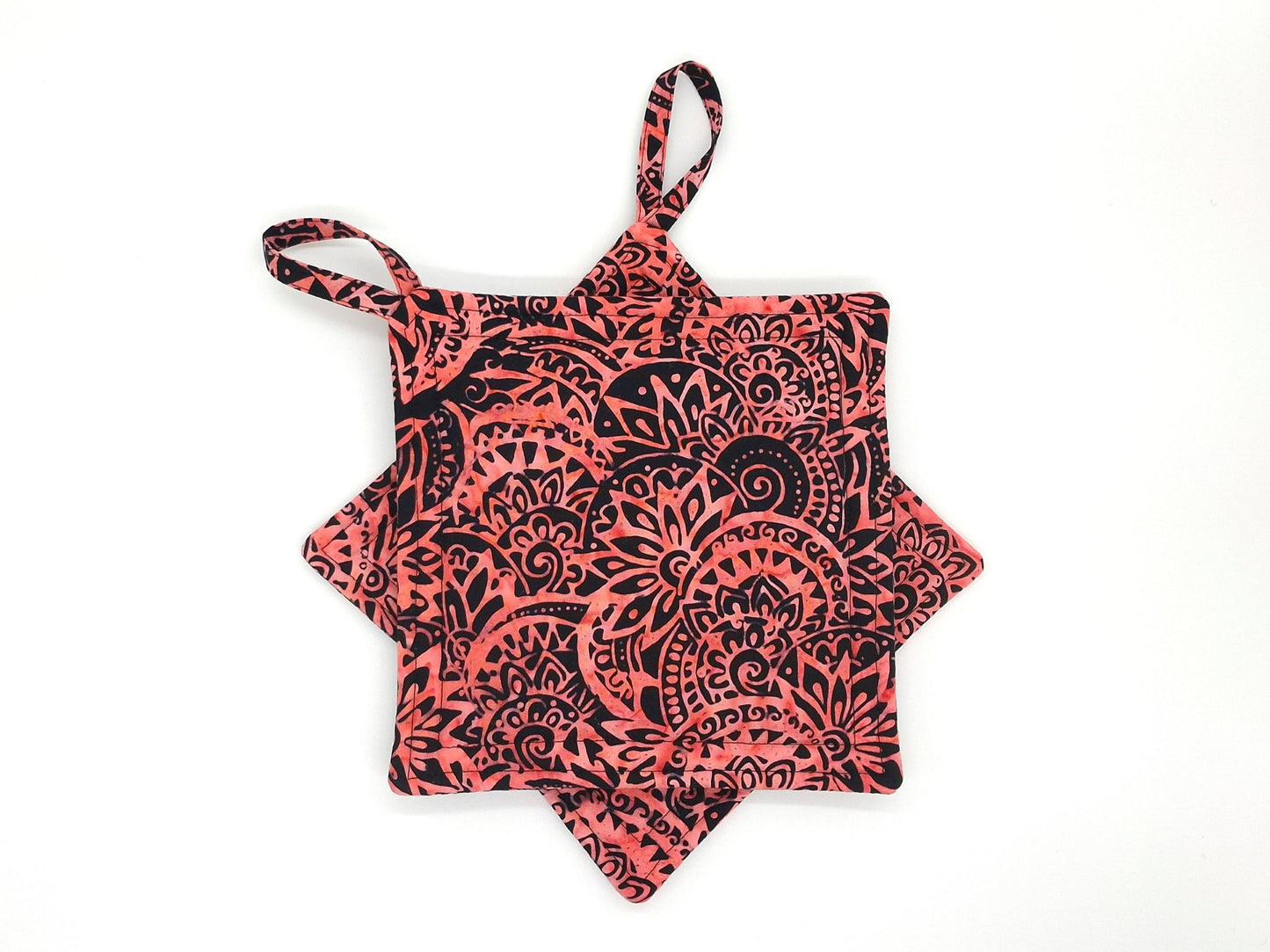 Batik Potholders Set of 2, Bold Coral & Black, Heat Resistant Protection, Handmade Cotton Kitchen Trivets