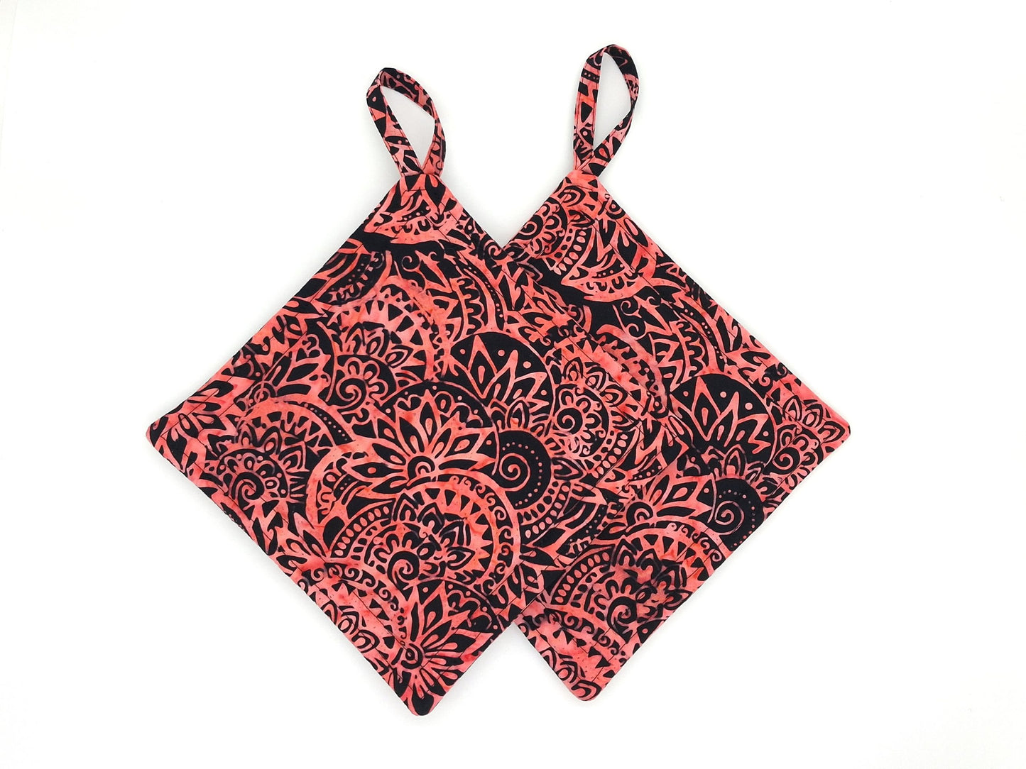 Batik Potholders Set of 2, Bold Coral & Black, Heat Resistant Protection, Handmade Cotton Kitchen Trivets