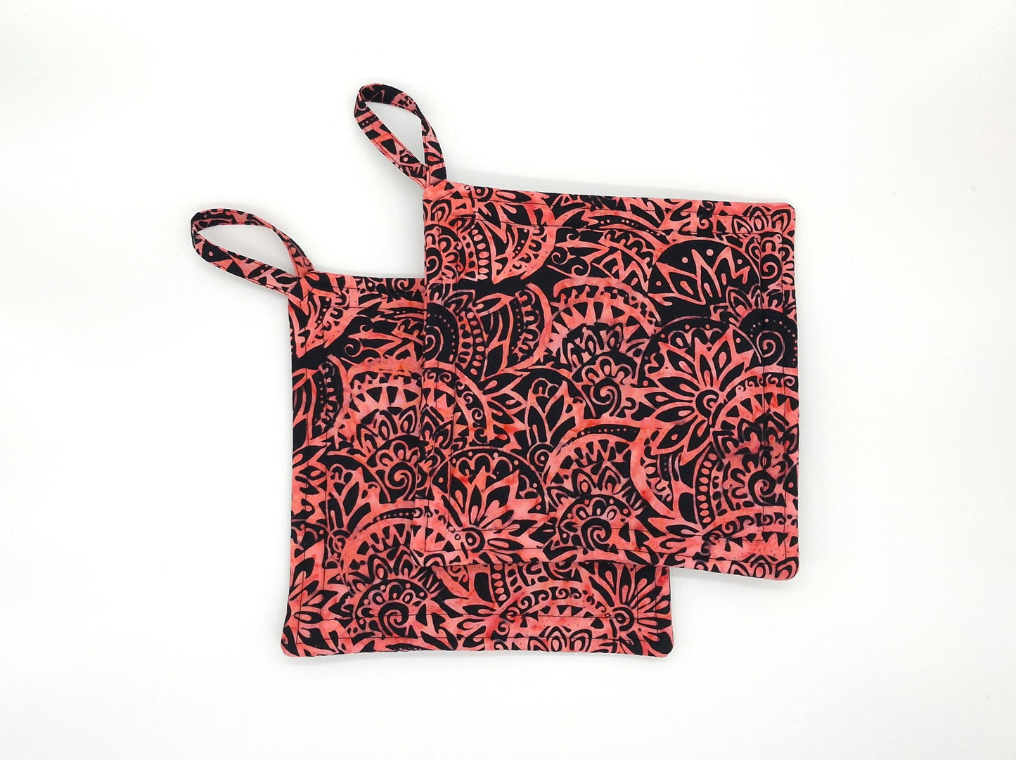 Batik Potholders Set of 2, Bold Coral & Black, Heat Resistant Protection, Handmade Cotton Kitchen Trivets