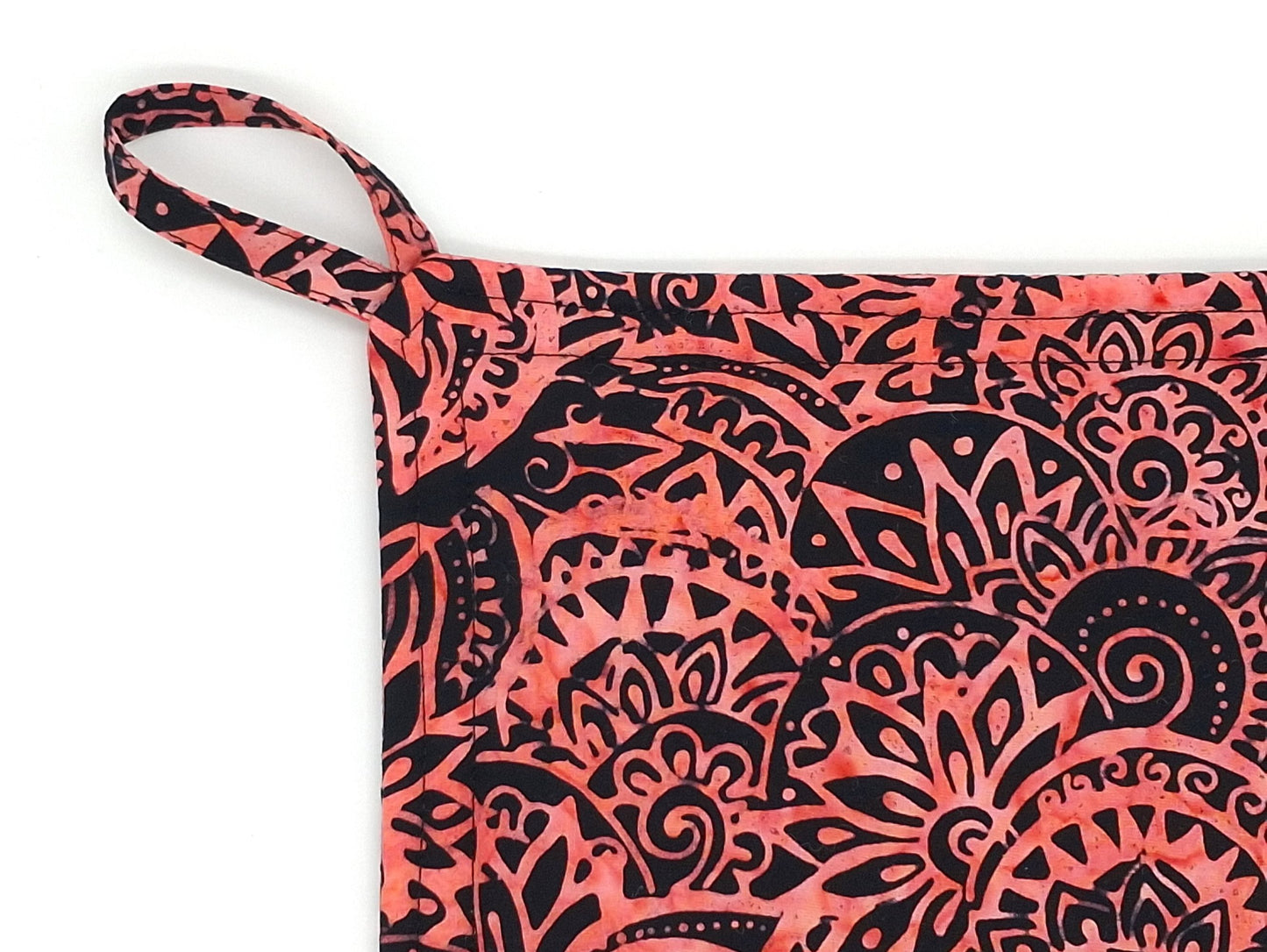 Batik Potholders Set of 2, Bold Coral & Black, Heat Resistant Protection, Handmade Cotton Kitchen Trivets