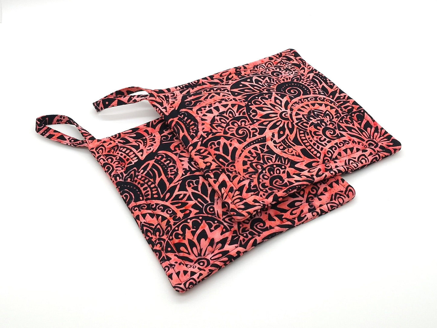 Batik Potholders Set of 2, Bold Coral & Black, Heat Resistant Protection, Handmade Cotton Kitchen Trivets