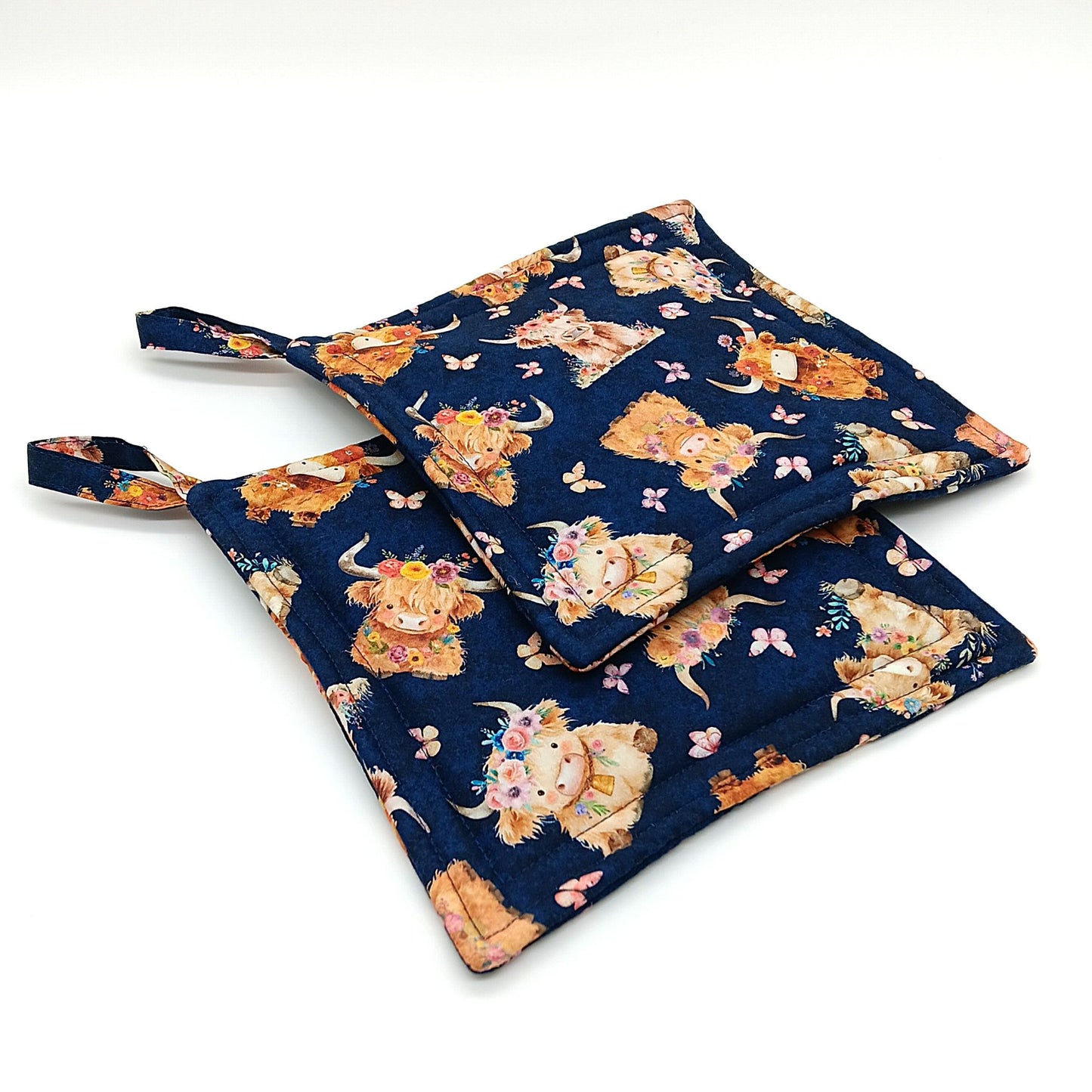 Highland Cow Potholders, Set of 2 Blue Farmhouse Trivets