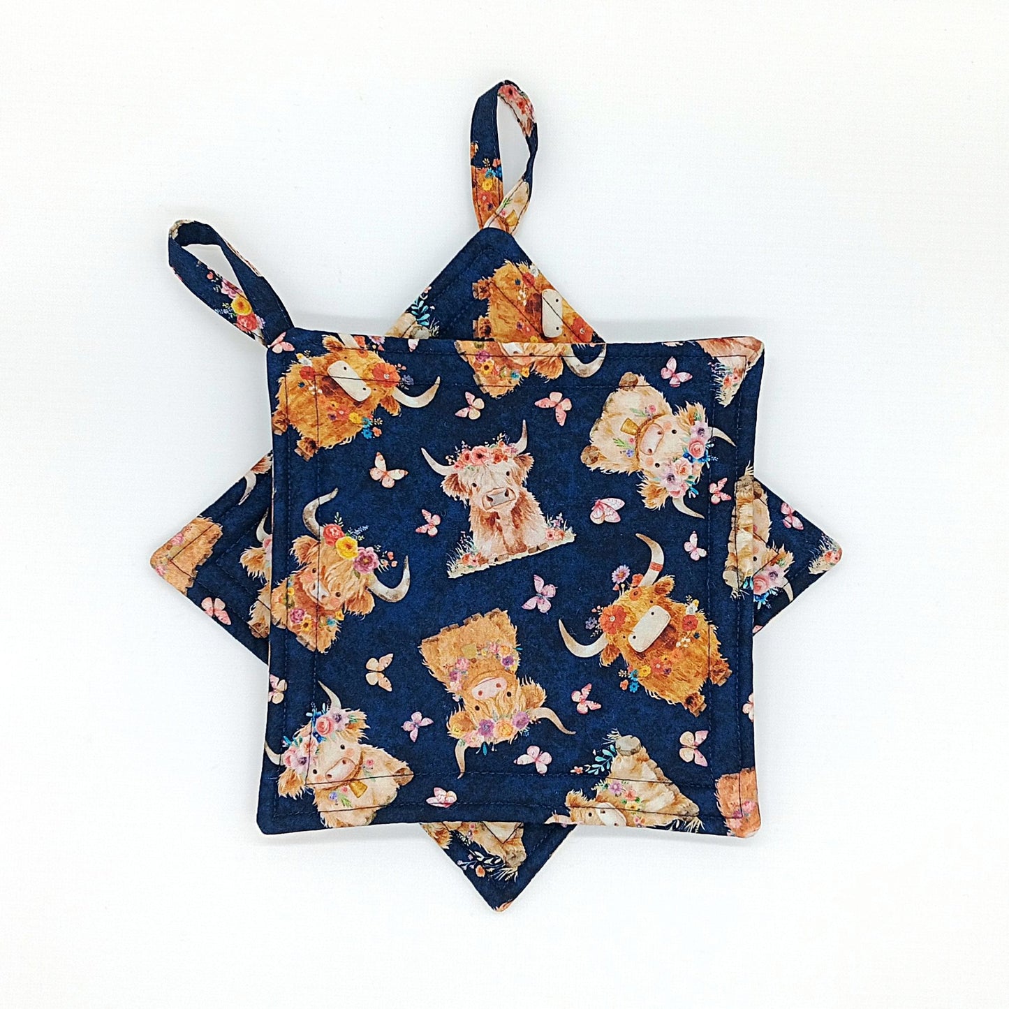 Highland Cow Potholders, Set of 2 Blue Farmhouse Trivets