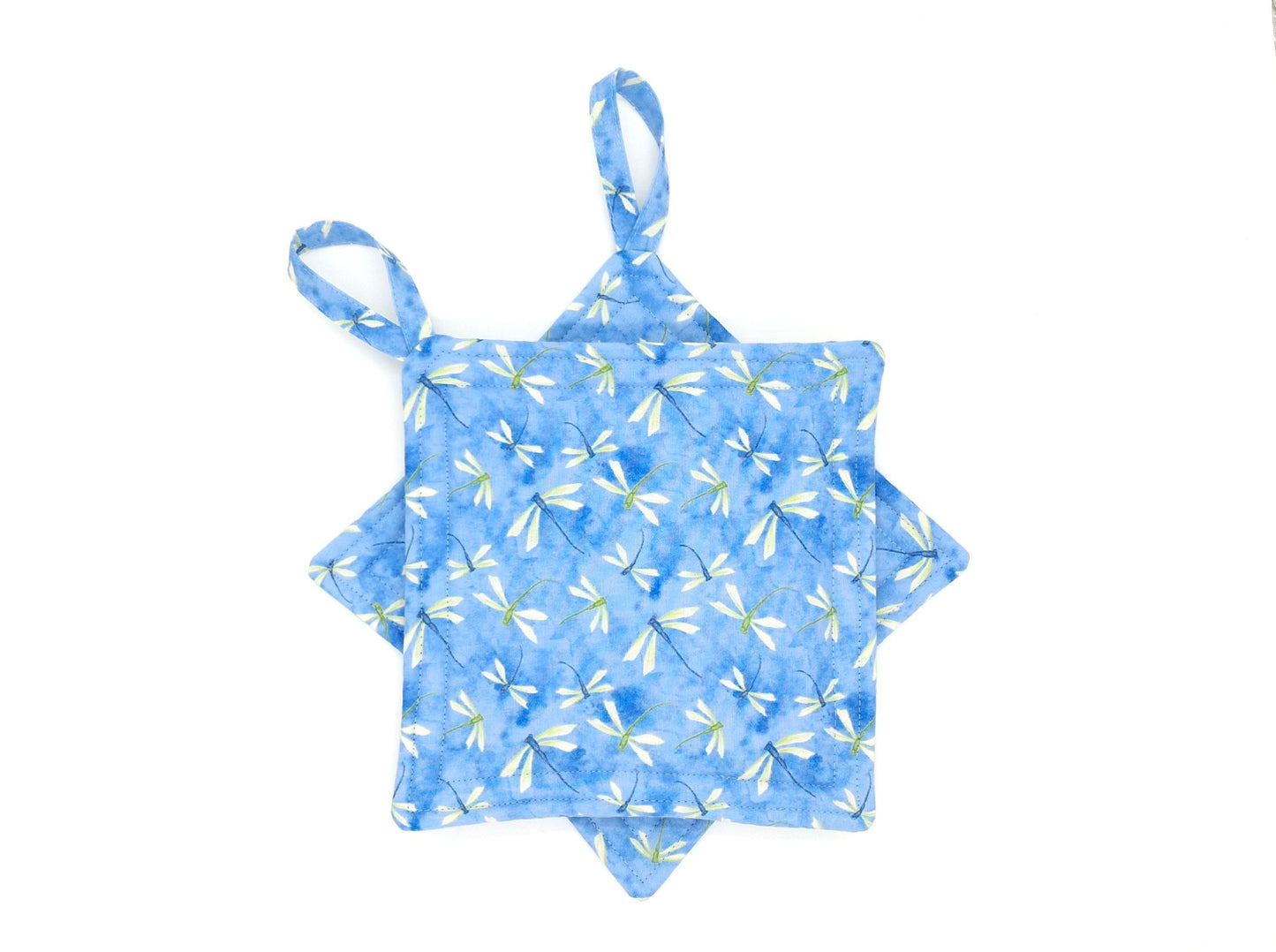 Dragonfly Potholders Set of 2, Summer Blue Floral Kitchen, Insul-Brite Heat Protection, Handmade Cotton Trivets