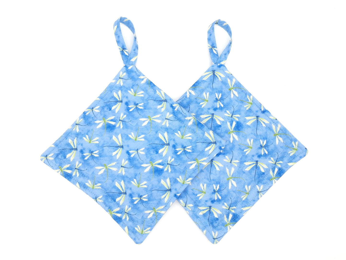 Dragonfly Potholders Set of 2, Summer Blue Floral Kitchen, Insul-Brite Heat Protection, Handmade Cotton Trivets