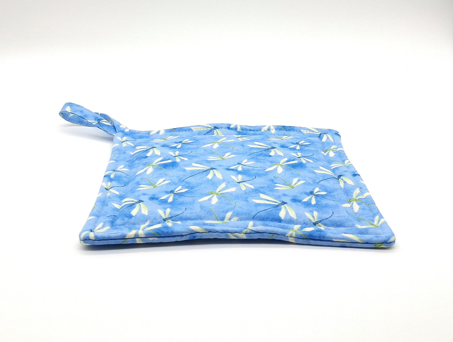 Dragonfly Potholders Set of 2, Summer Blue Floral Kitchen, Insul-Brite Heat Protection, Handmade Cotton Trivets