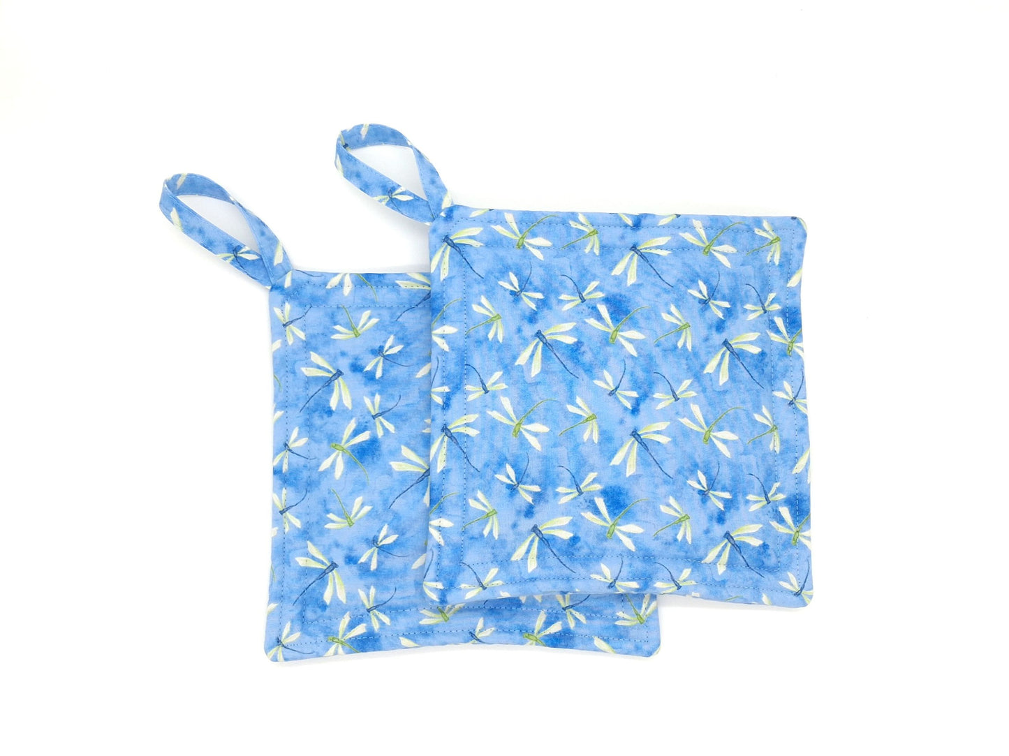 Dragonfly Potholders Set of 2, Summer Blue Floral Kitchen, Insul-Brite Heat Protection, Handmade Cotton Trivets