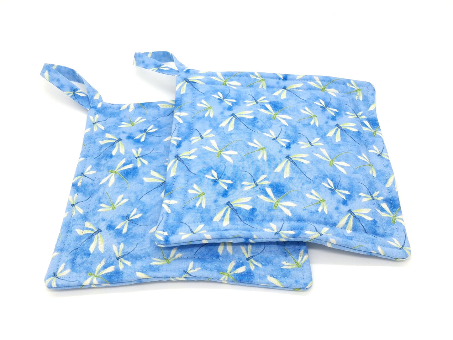 Dragonfly Potholders Set of 2, Summer Blue Floral Kitchen, Insul-Brite Heat Protection, Handmade Cotton Trivets