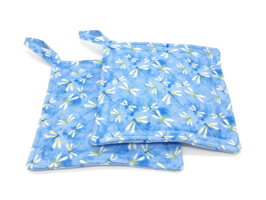 Dragonfly Potholders Set of 2, Summer Blue Floral Kitchen, Insul-Brite Heat Protection, Handmade Cotton Trivets