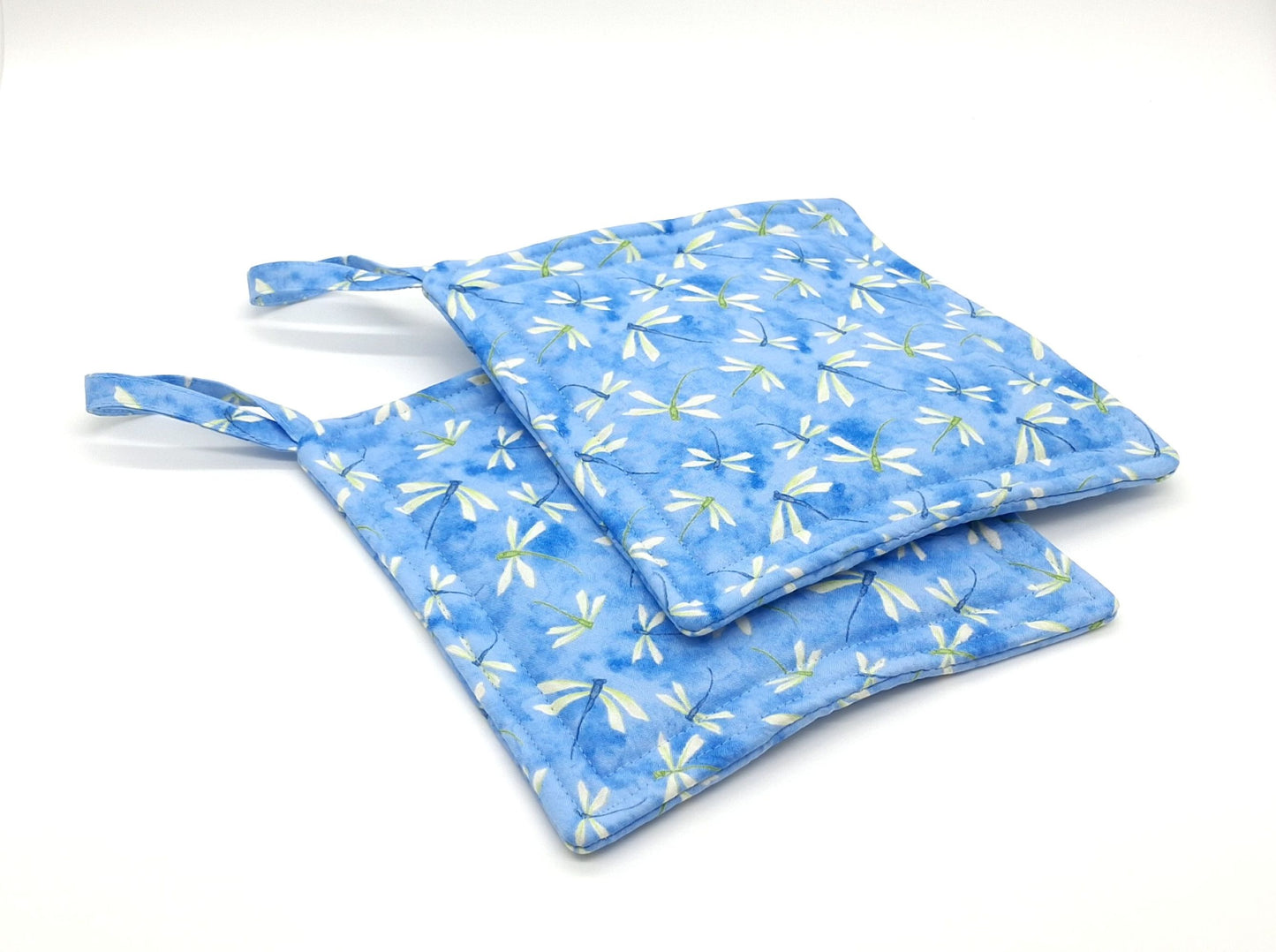 Dragonfly Potholders Set of 2, Summer Blue Floral Kitchen, Insul-Brite Heat Protection, Handmade Cotton Trivets