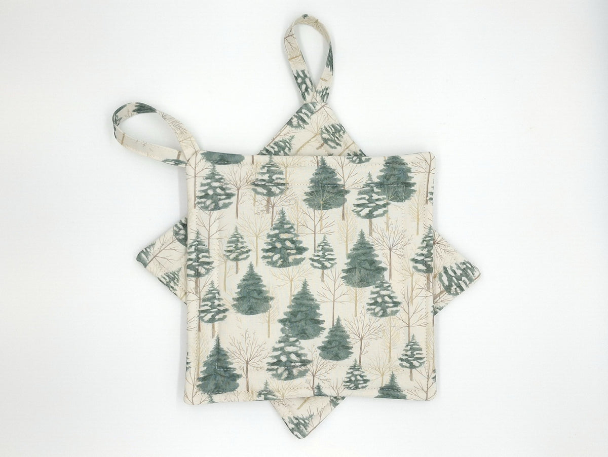 Handmade Evergreen Potholders, Set of 2 Cotton Hot Pads, Winter Christmas Kitchen Gift