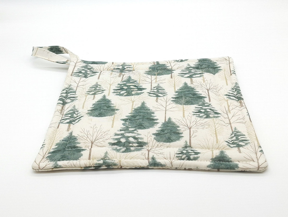 Handmade Evergreen Potholders, Set of 2 Cotton Hot Pads, Winter Christmas Kitchen Gift