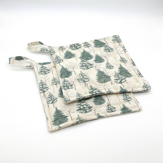 Handmade Evergreen Potholders, Set of 2 Cotton Hot Pads, Winter Christmas Kitchen Gift