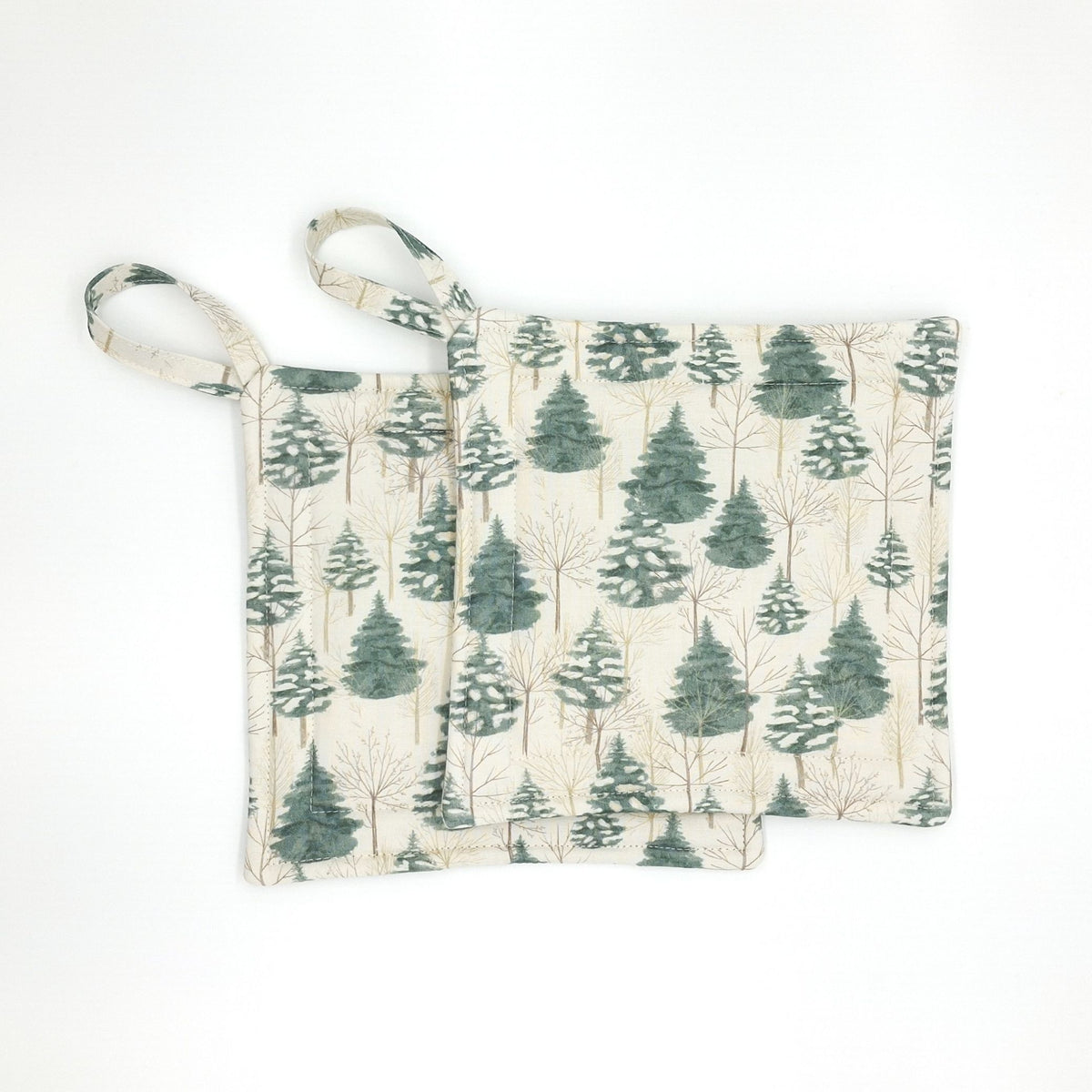 Handmade Evergreen Potholders, Set of 2 Cotton Hot Pads, Winter Christmas Kitchen Gift
