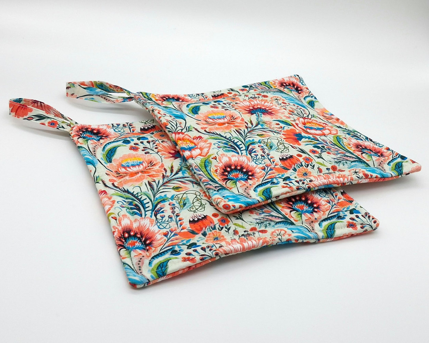 Floral Potholders Set of 2, Bold Boho Botanical Kitchen, Heat Protection, Handmade Cotton Trivets