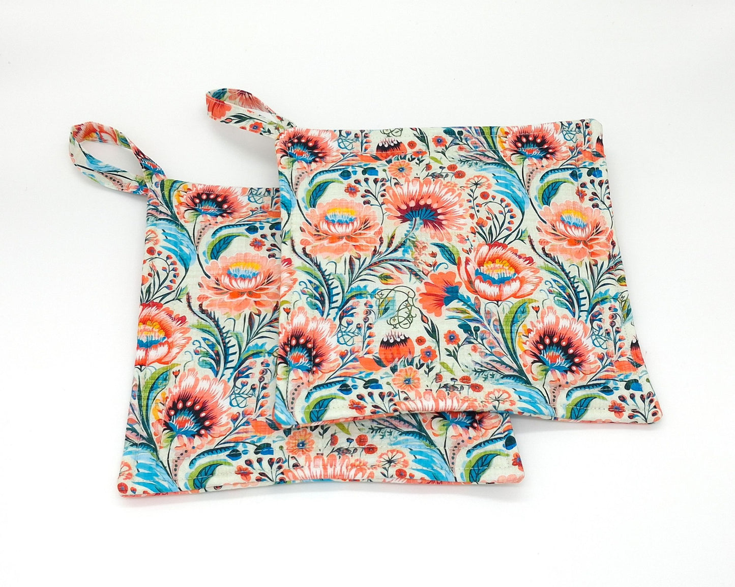 Floral Potholders Set of 2, Bold Boho Botanical Kitchen, Heat Protection, Handmade Cotton Trivets