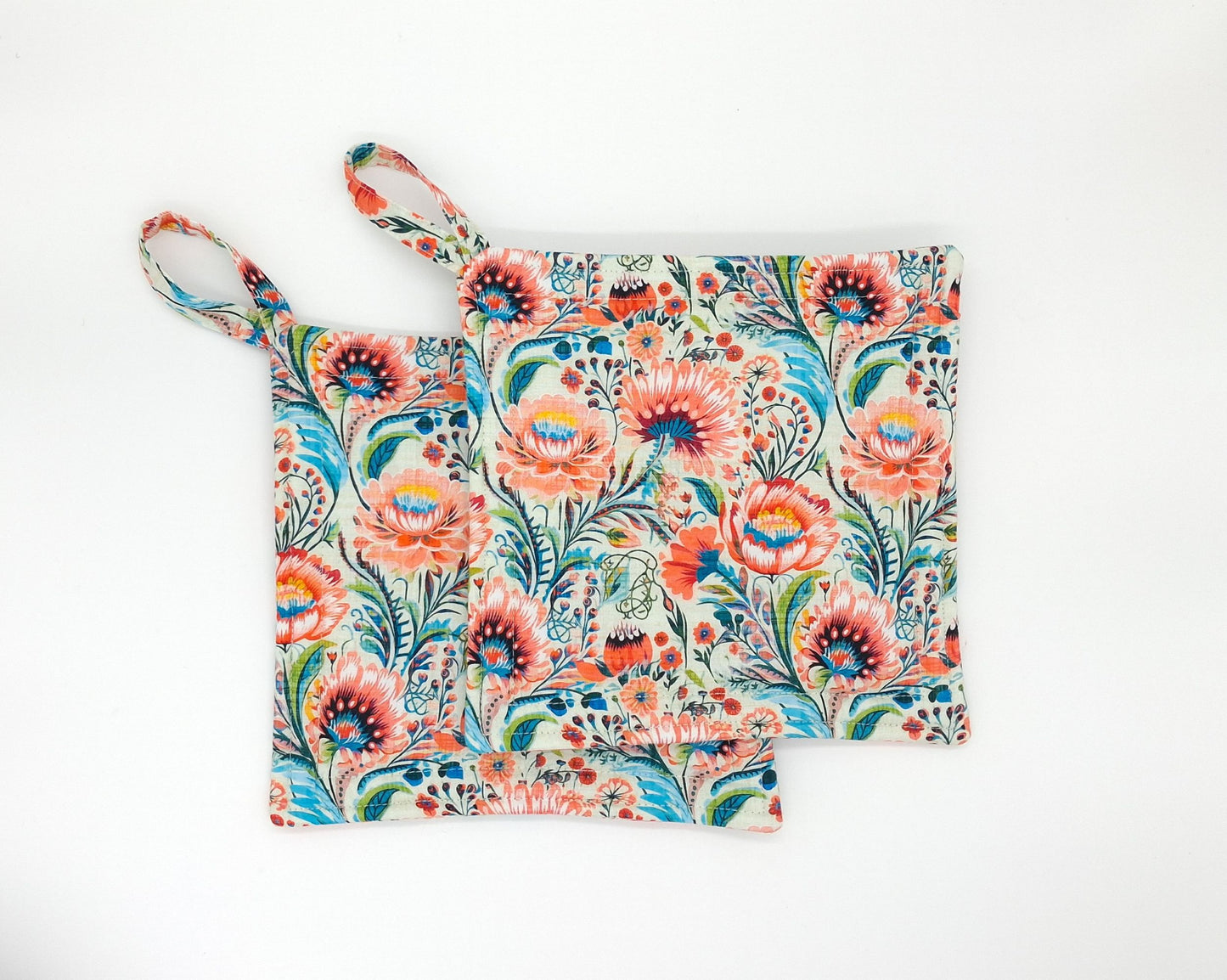 Floral Potholders Set of 2, Bold Boho Botanical Kitchen, Heat Protection, Handmade Cotton Trivets