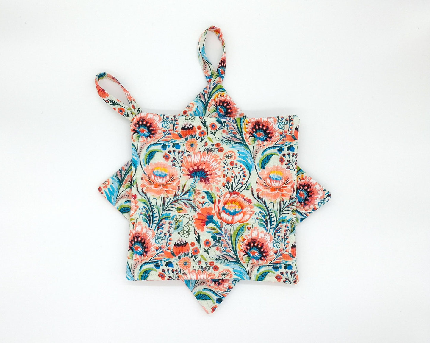 Floral Potholders Set of 2, Bold Boho Botanical Kitchen, Heat Protection, Handmade Cotton Trivets