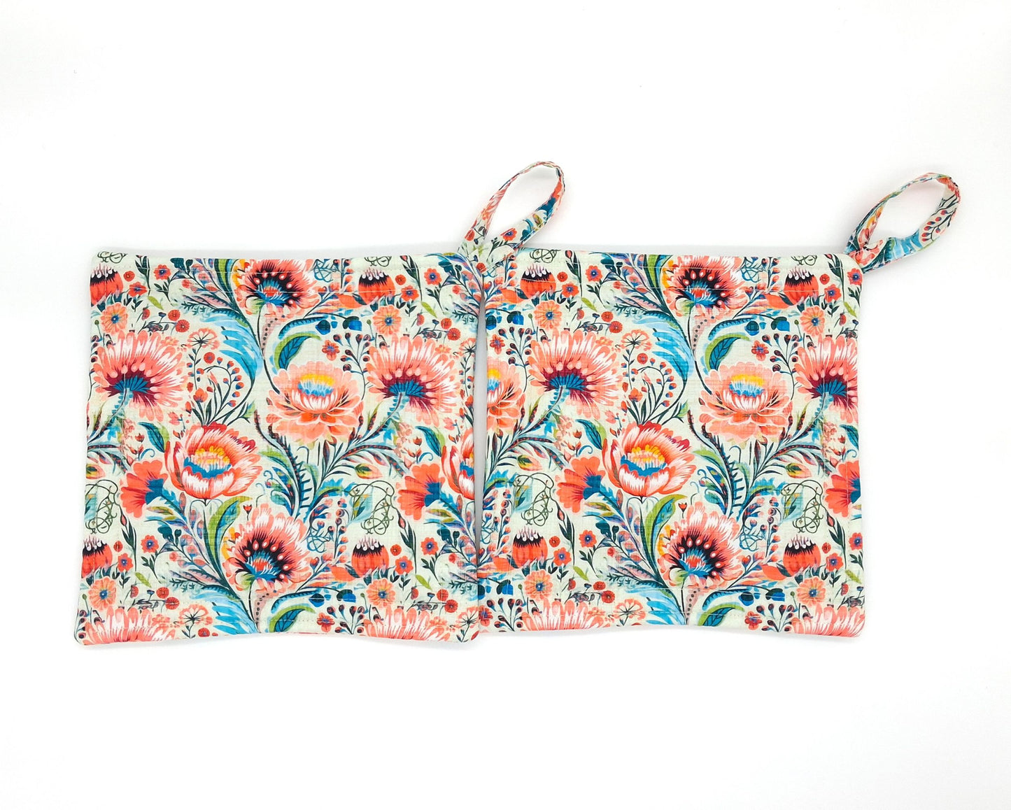 Floral Potholders Set of 2, Bold Boho Botanical Kitchen, Heat Protection, Handmade Cotton Trivets