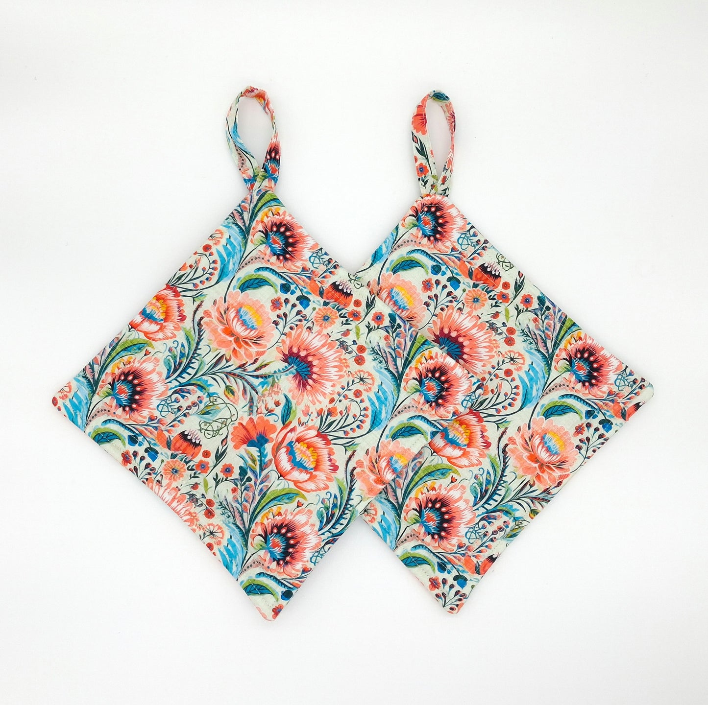 Floral Potholders Set of 2, Bold Boho Botanical Kitchen, Heat Protection, Handmade Cotton Trivets
