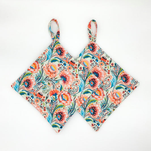 Floral Potholders Set of 2, Bold Boho Botanical Kitchen, Heat Protection, Handmade Cotton Trivets