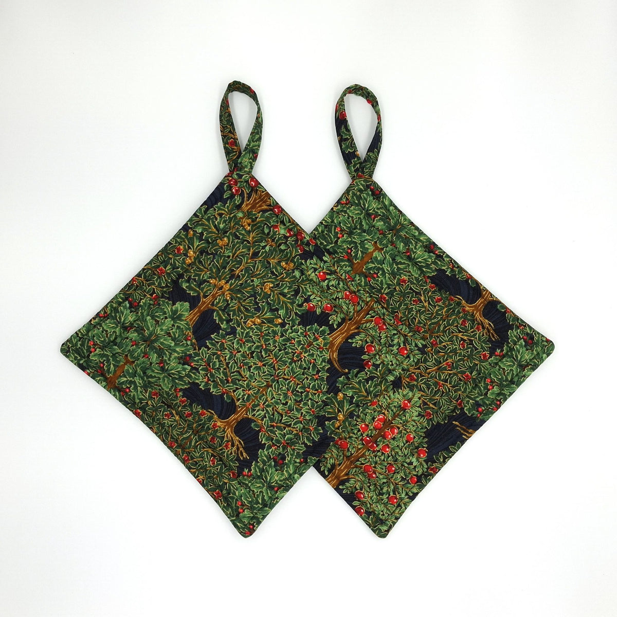 Handmade Orchard Potholders Set of 2, Dark Botanical Hot Pads, Christmas Kitchen Gift