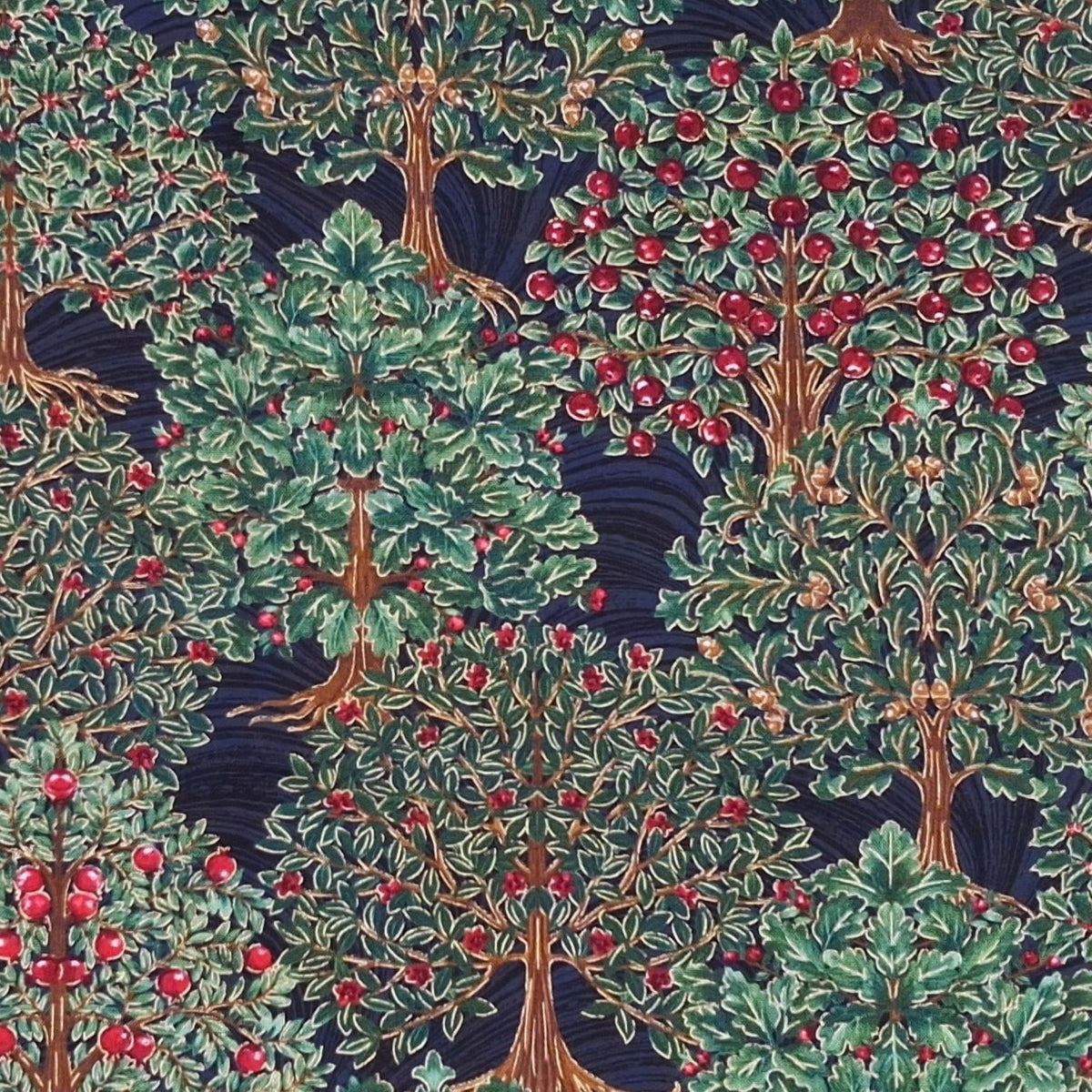 A repeating botanical pattern of stylized trees with green foliage and clusters of red fruit on dark background.