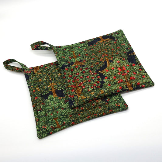 Handmade Orchard Potholders Set of 2, Dark Botanical Hot Pads, Christmas Kitchen Gift