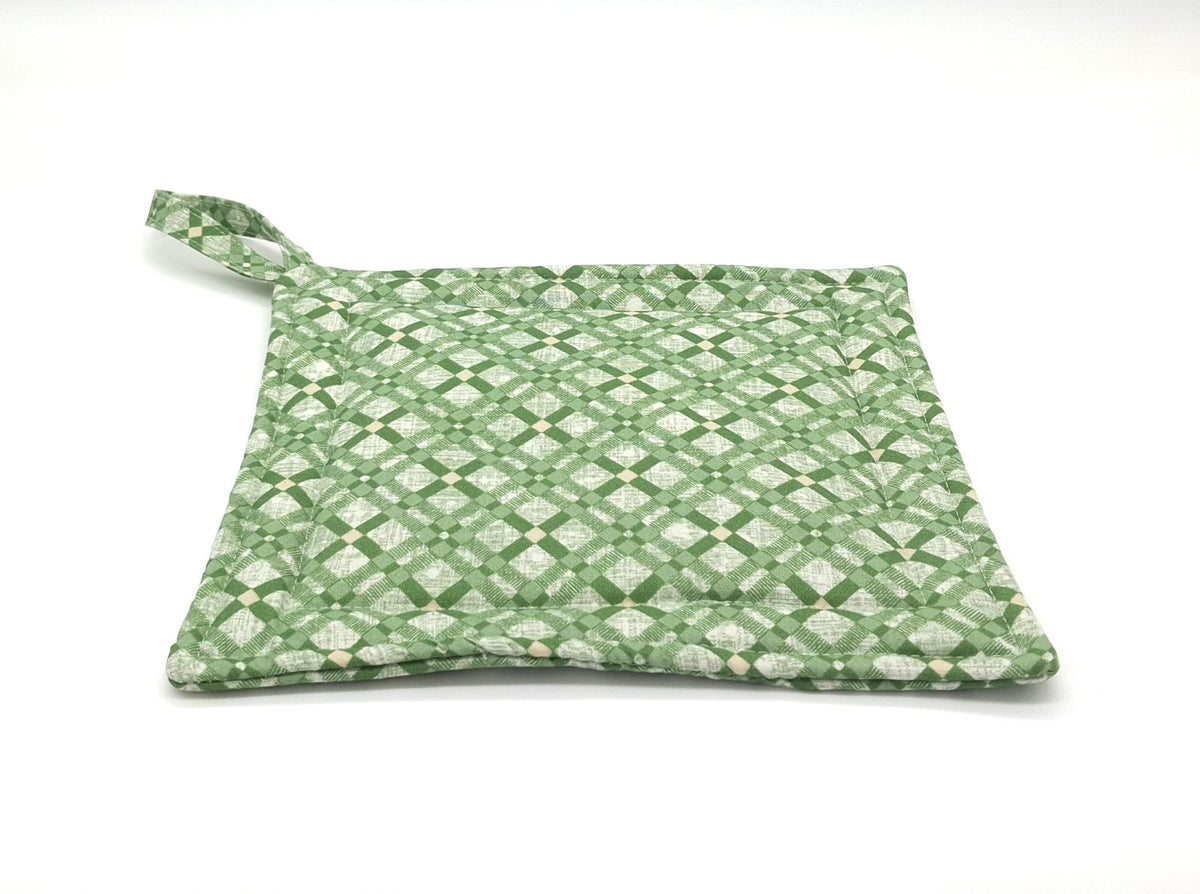 Handmade Green Plaid Potholders, Set of 2 Cotton Insulated Hot Pads, Christmas Kitchen Gift