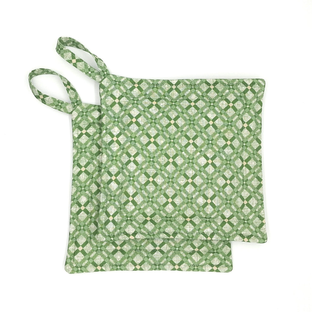 Handmade Green Plaid Potholders, Set of 2 Cotton Insulated Hot Pads, Christmas Kitchen Gift