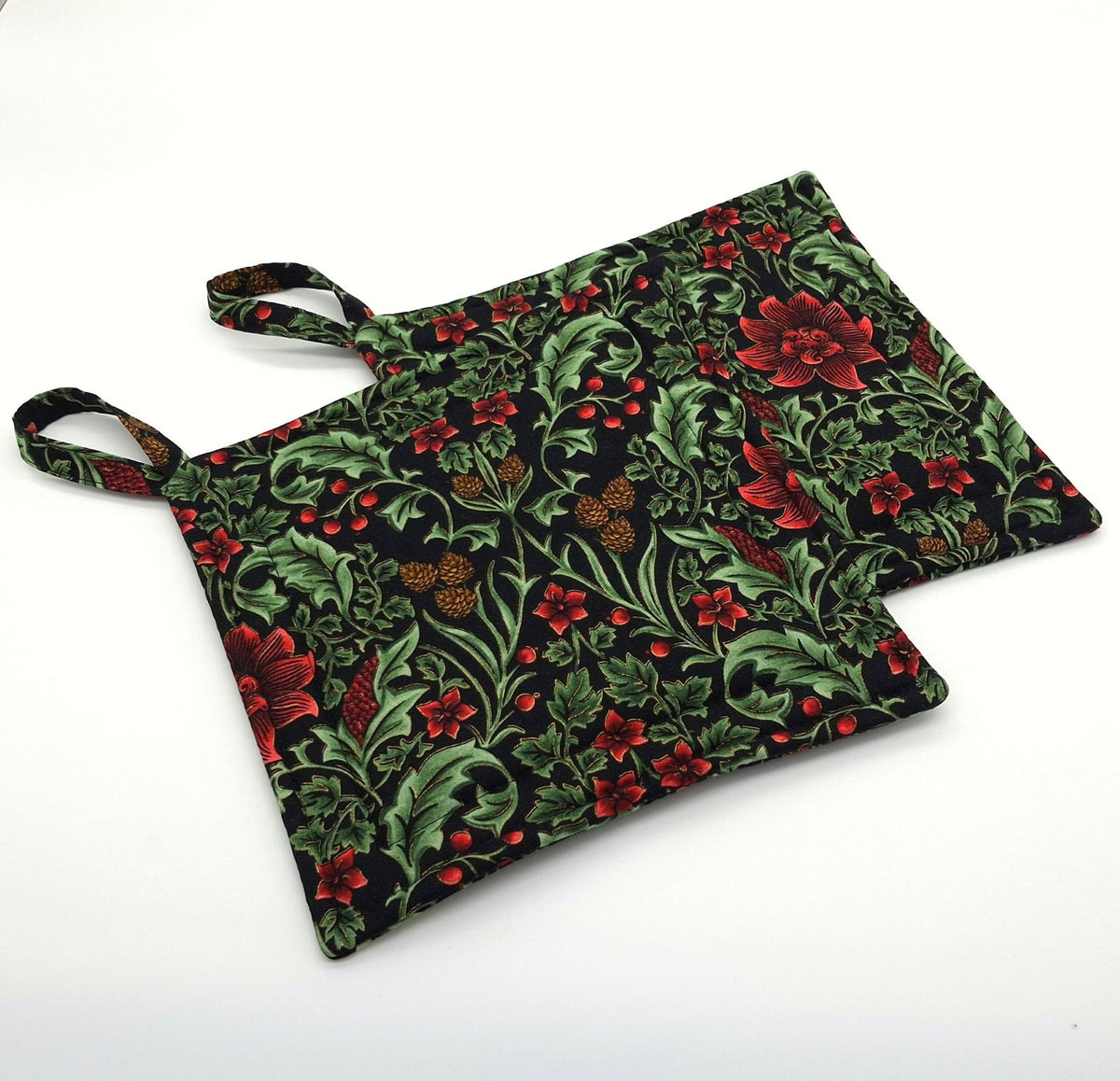 Handmade Botanical Christmas Potholders, Set of 2 Holly and Pinecone Scrollwork Hot Pads