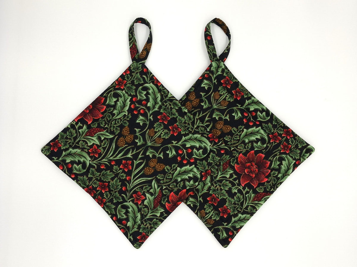 Handmade Botanical Christmas Potholders, Set of 2 Holly and Pinecone Scrollwork Hot Pads