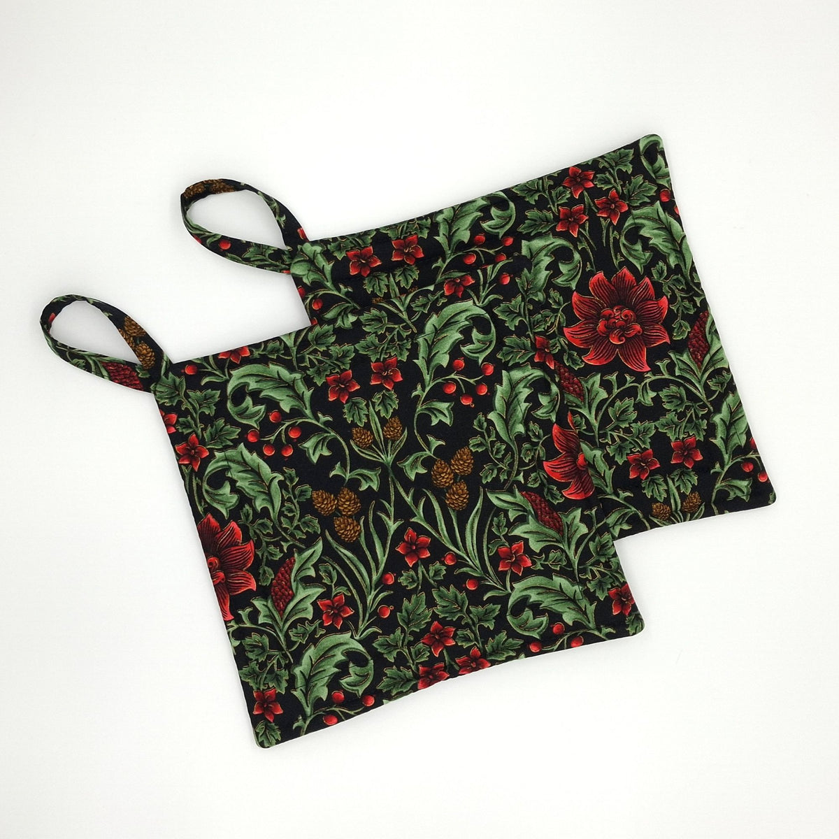 Handmade Botanical Christmas Potholders, Set of 2 Holly and Pinecone Scrollwork Hot Pads