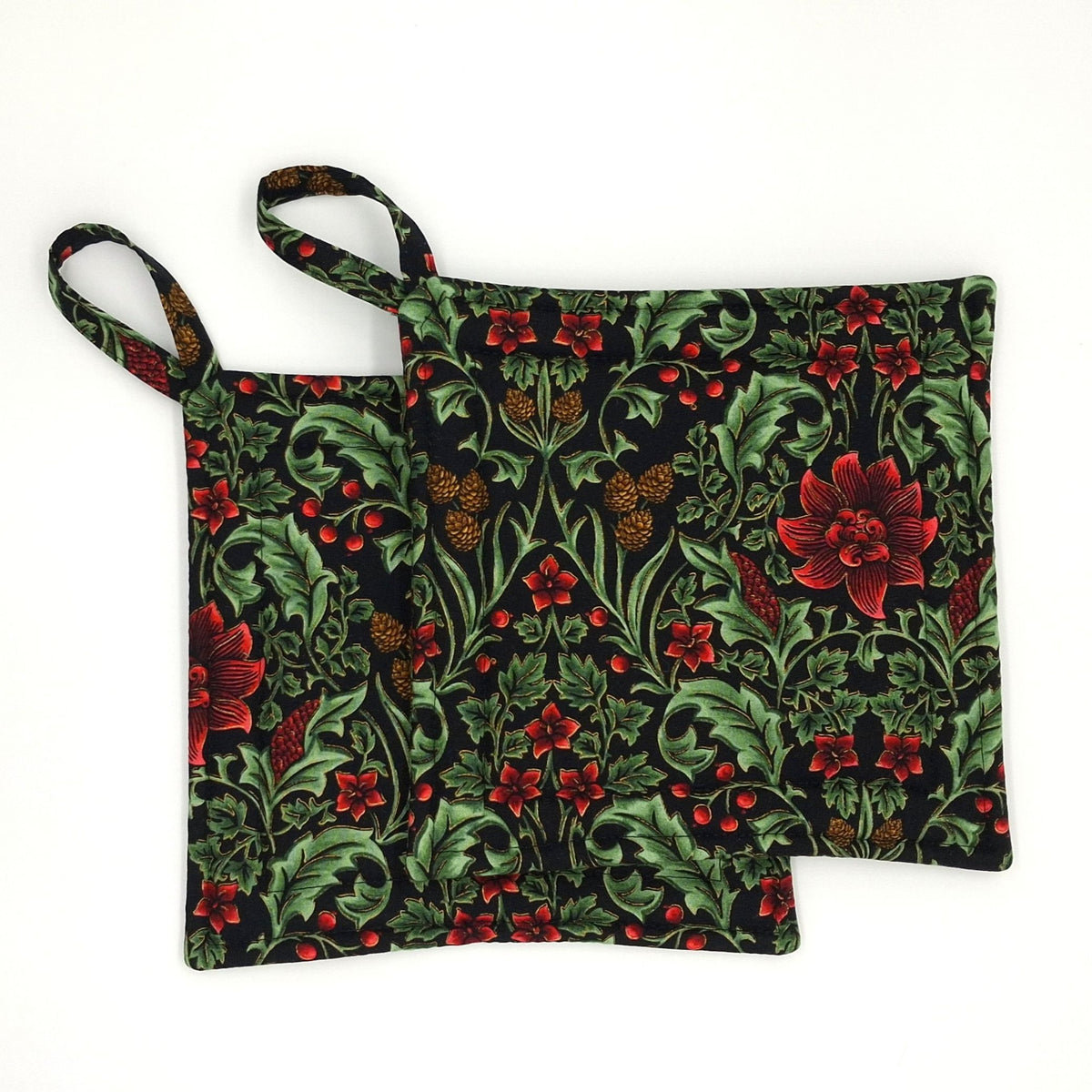 Handmade Botanical Christmas Potholders, Set of 2 Holly and Pinecone Scrollwork Hot Pads