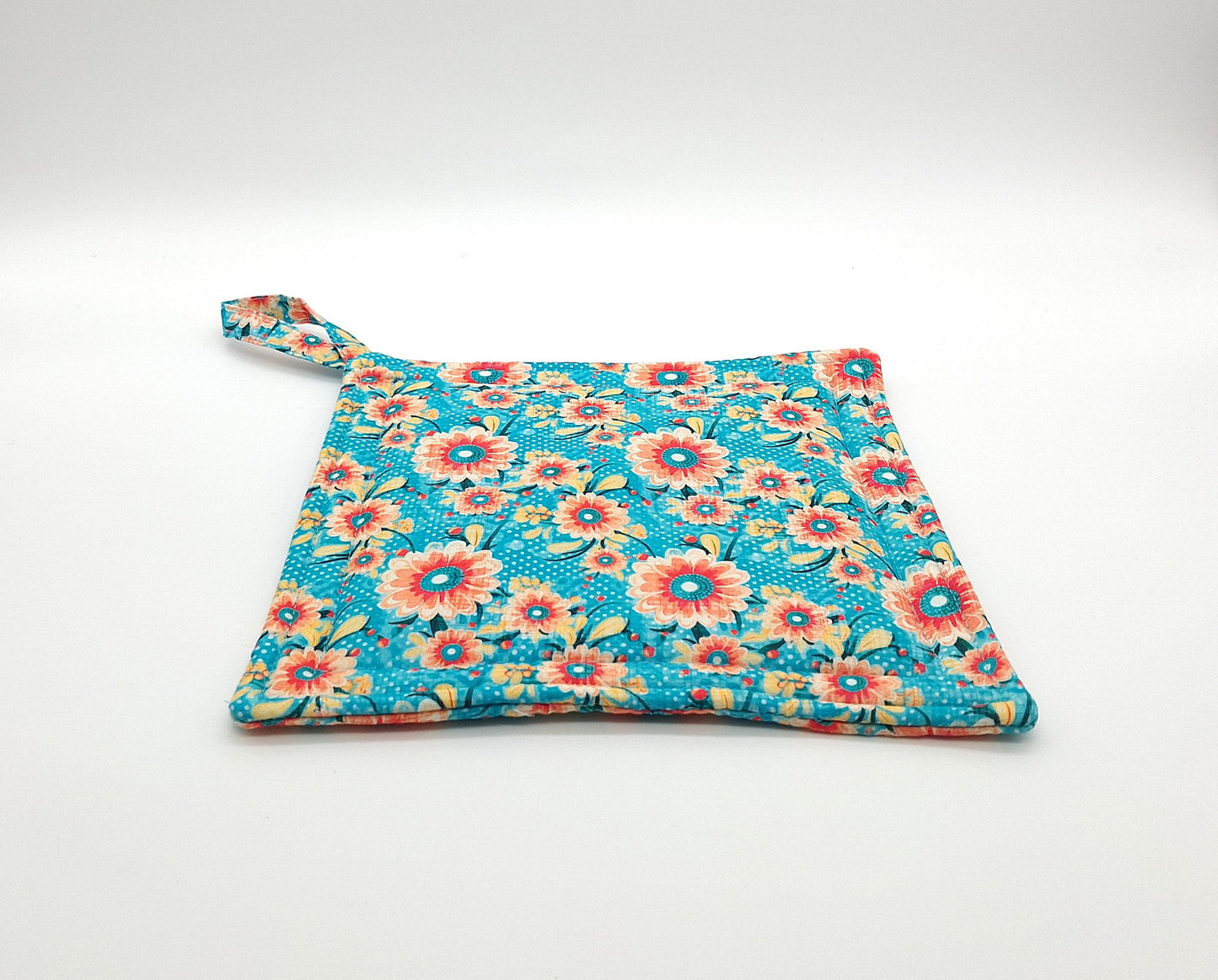 Floral Potholders Set of 2 – Teal & Coral Retro Daisy Kitchen, Heat Resistant, Handmade Cotton Trivets