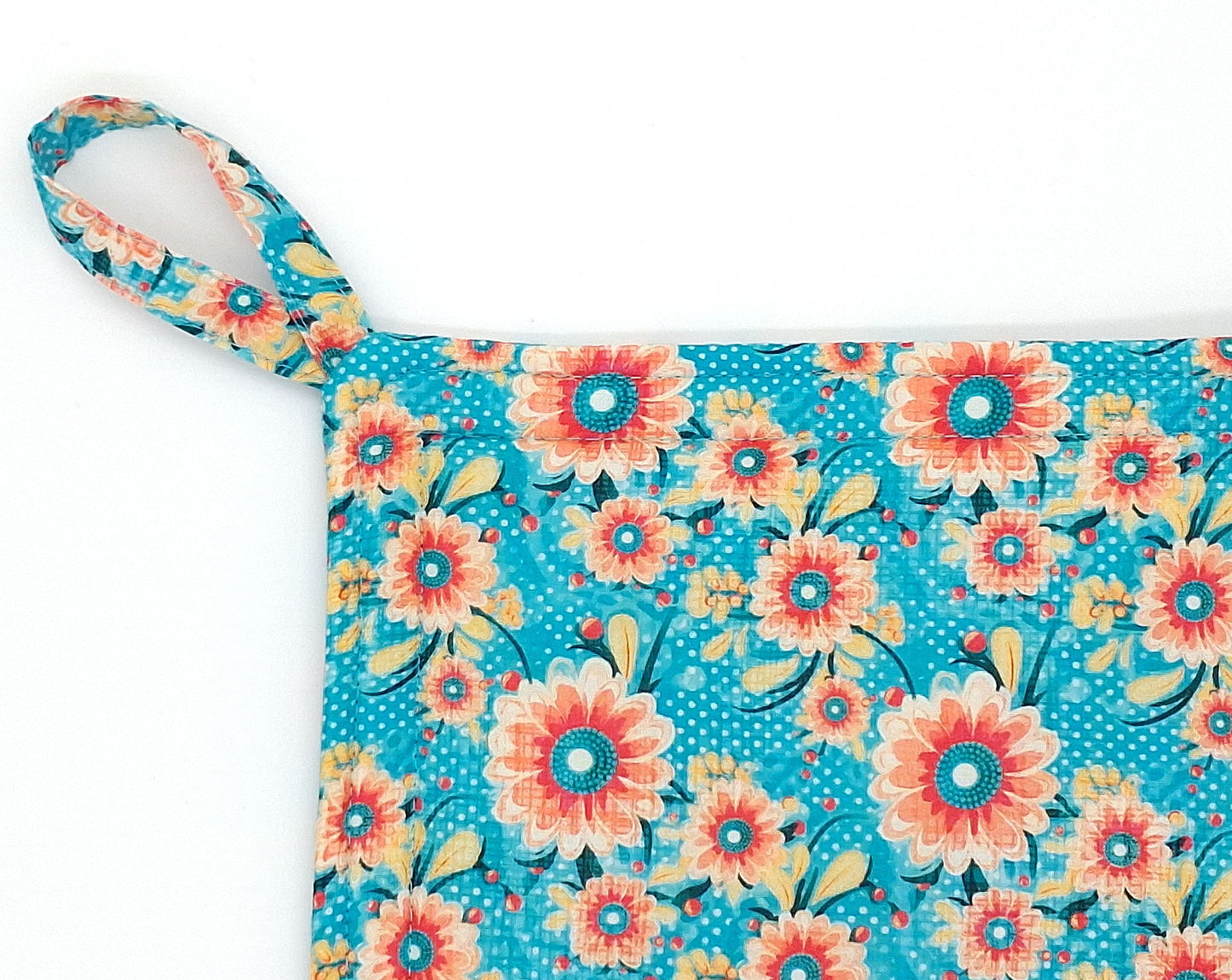 Floral Potholders Set of 2 – Teal & Coral Retro Daisy Kitchen, Heat Resistant, Handmade Cotton Trivets