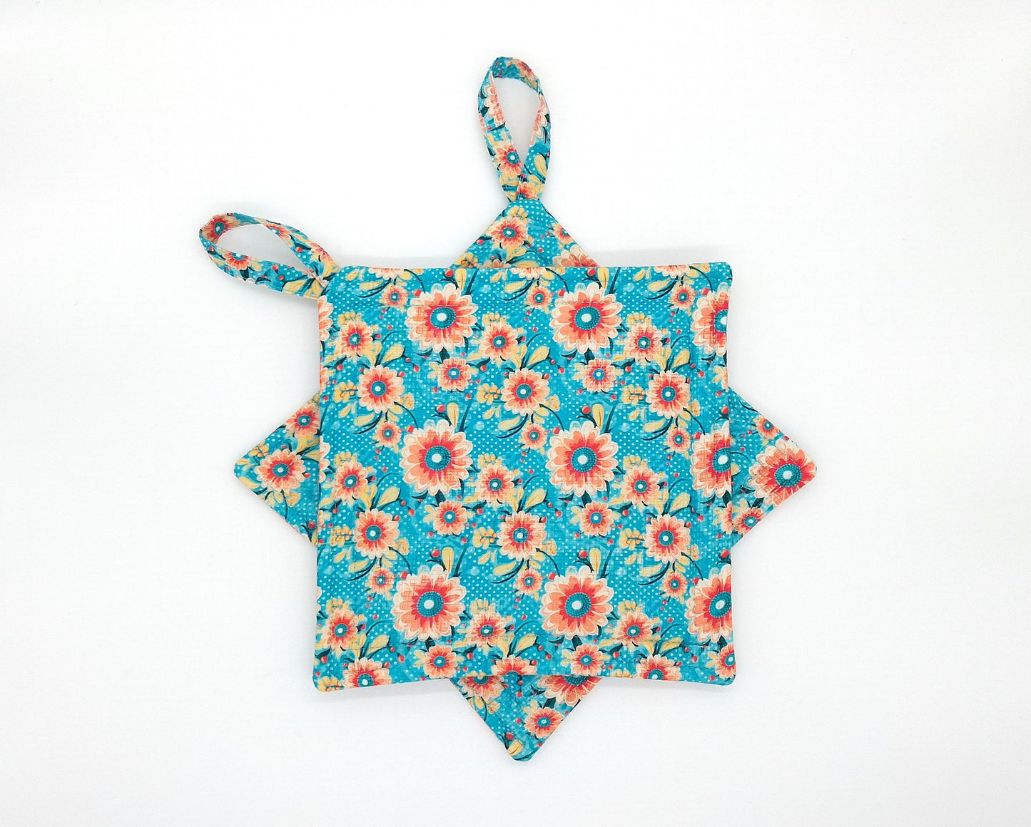 Floral Potholders Set of 2 – Teal & Coral Retro Daisy Kitchen, Heat Resistant, Handmade Cotton Trivets