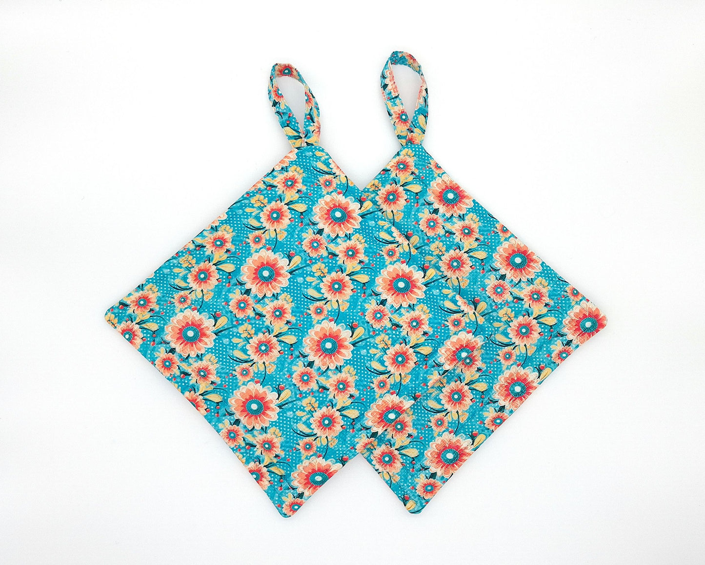 Floral Potholders Set of 2 – Teal & Coral Retro Daisy Kitchen, Heat Resistant, Handmade Cotton Trivets
