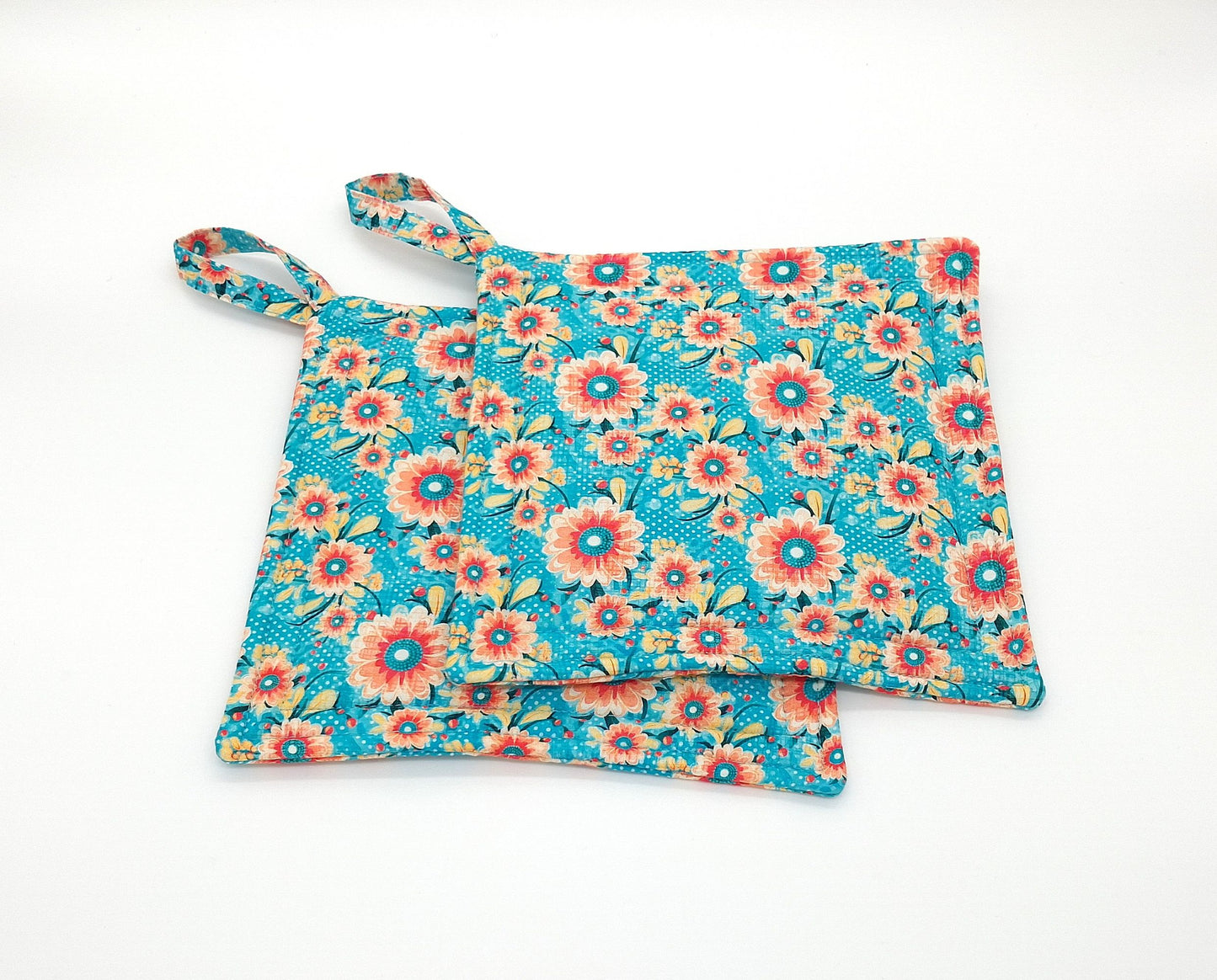 Floral Potholders Set of 2 – Teal & Coral Retro Daisy Kitchen, Heat Resistant, Handmade Cotton Trivets