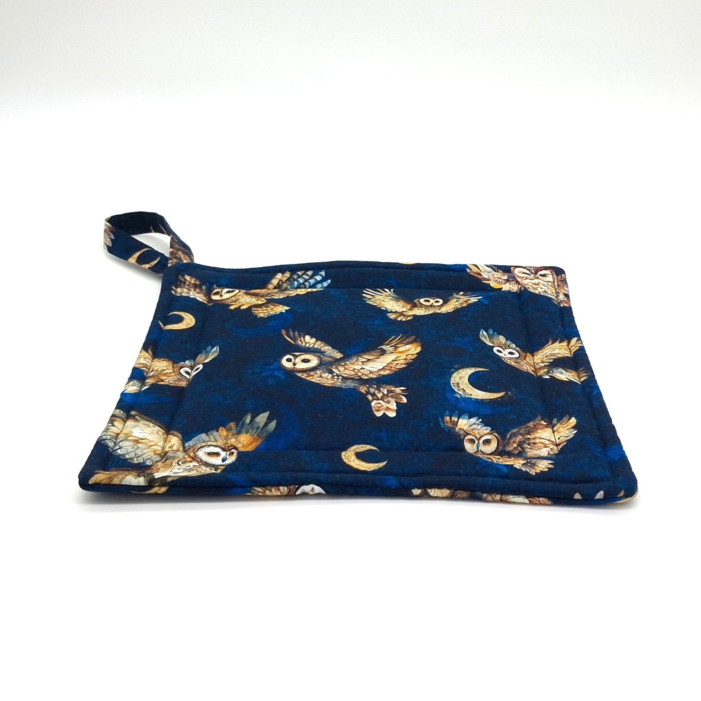 Handmade Owl Potholders, Set of 2 Flying Owls & Moon Cotton Hot Pads, Witchy Kitchen Gift