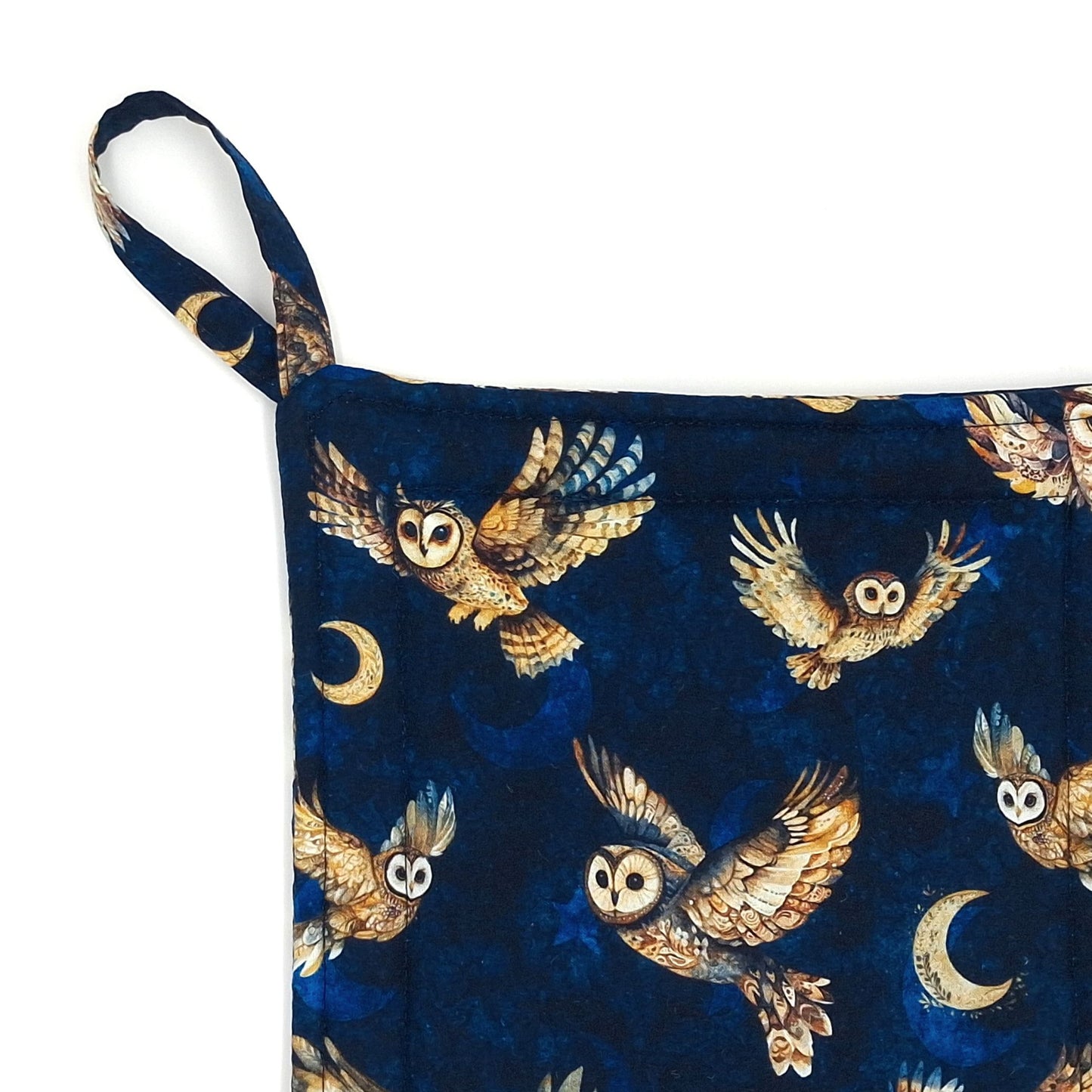 Handmade Owl Potholders, Set of 2 Flying Owls & Moon Cotton Hot Pads, Witchy Kitchen Gift
