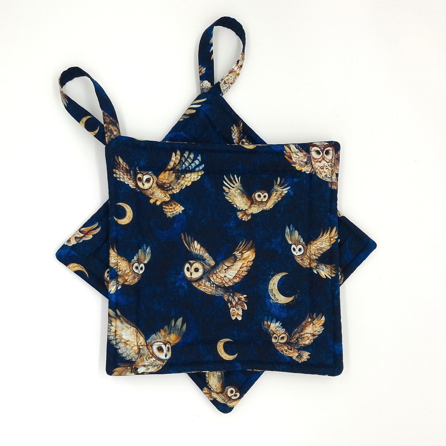 Handmade Owl Potholders, Set of 2 Flying Owls & Moon Cotton Hot Pads, Witchy Kitchen Gift