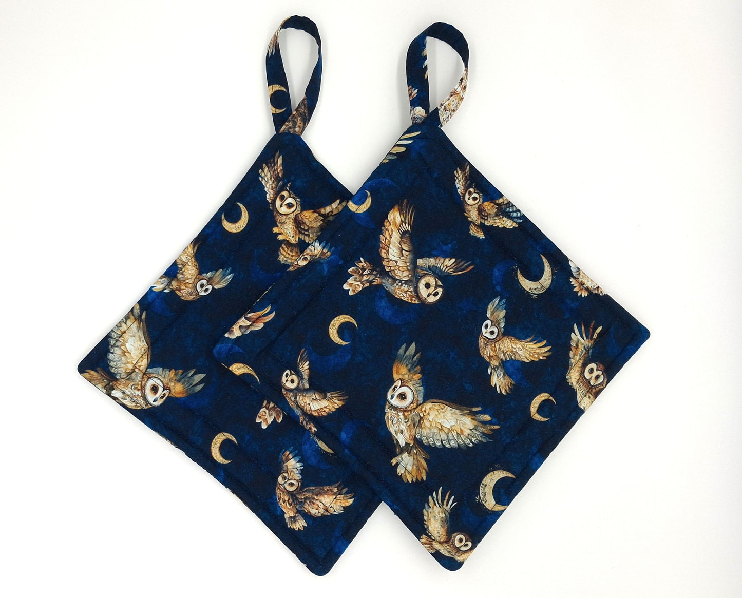 Handmade Owl Potholders, Set of 2 Flying Owls & Moon Cotton Hot Pads, Witchy Kitchen Gift