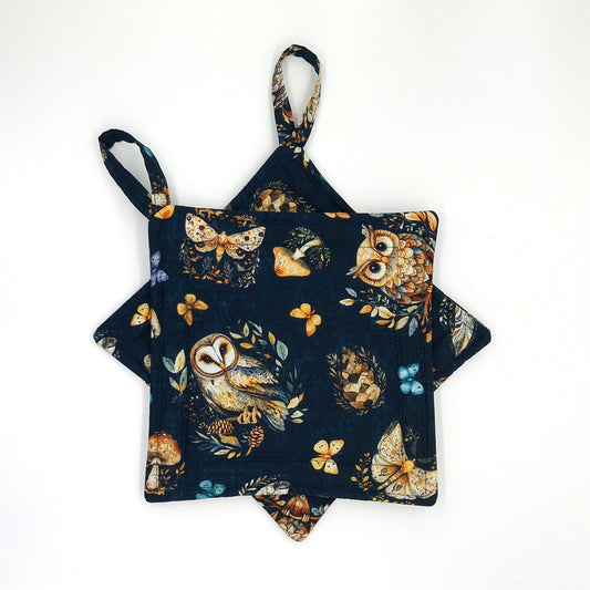 Handmade Owl Potholders, Set of 2. Cotton Hot Pads, Witchy Cottagecore Kitchen Gift for Owl Lovers