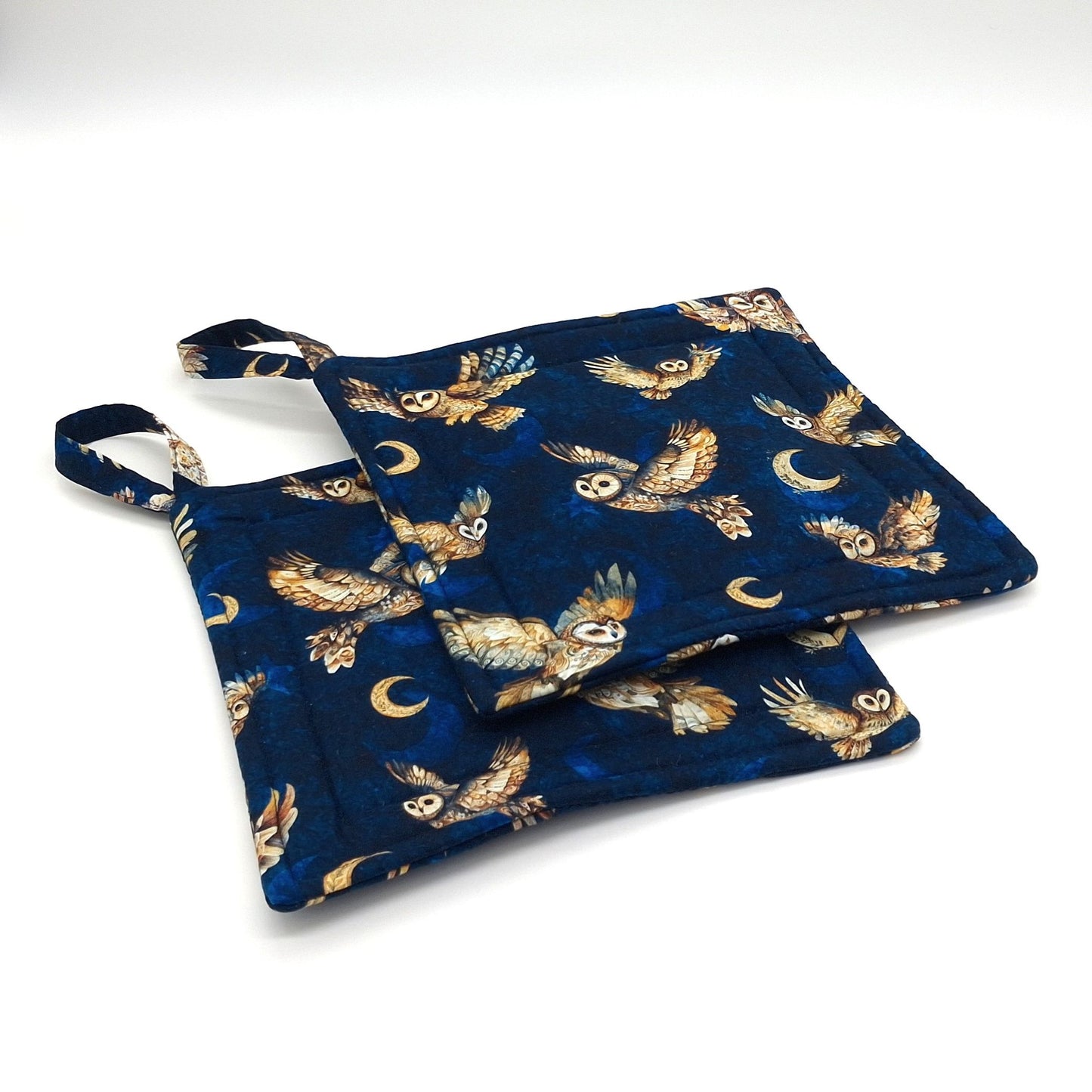 Handmade Owl Potholders, Set of 2 Flying Owls & Moon Cotton Hot Pads, Witchy Kitchen Gift