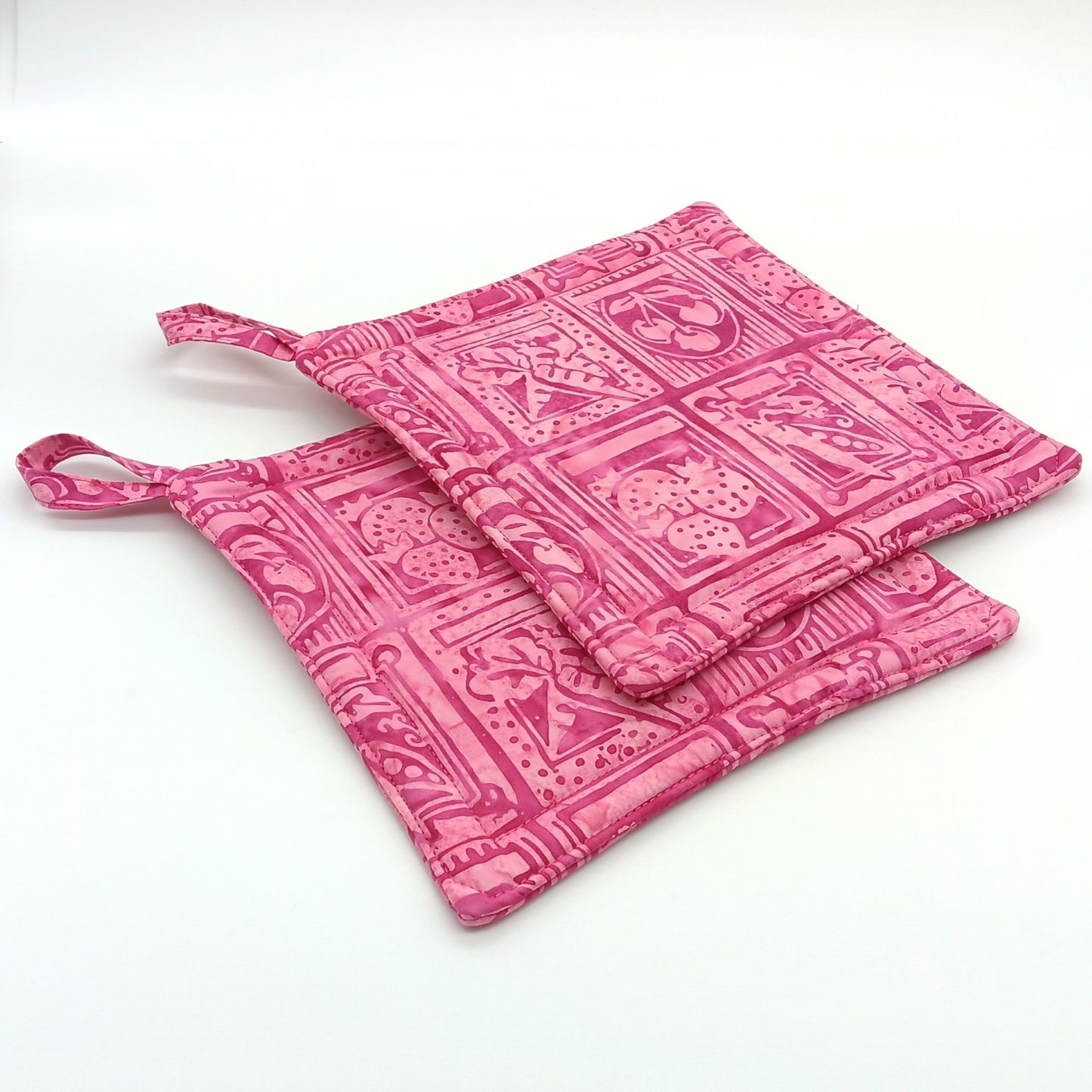 Handmade Pink Batik Potholders, Set of 2, Cotton Insulated Hot Pads, Colorful Kitchen Gift for Cooks