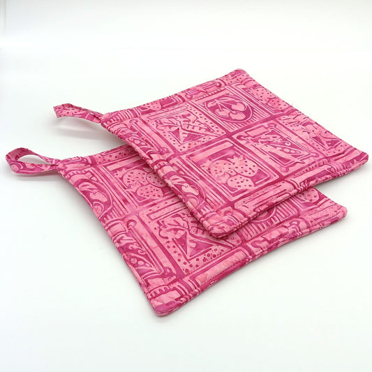 Handmade Pink Batik Potholders, Set of 2, Cotton Insulated Hot Pads, Colorful Kitchen Gift for Cooks