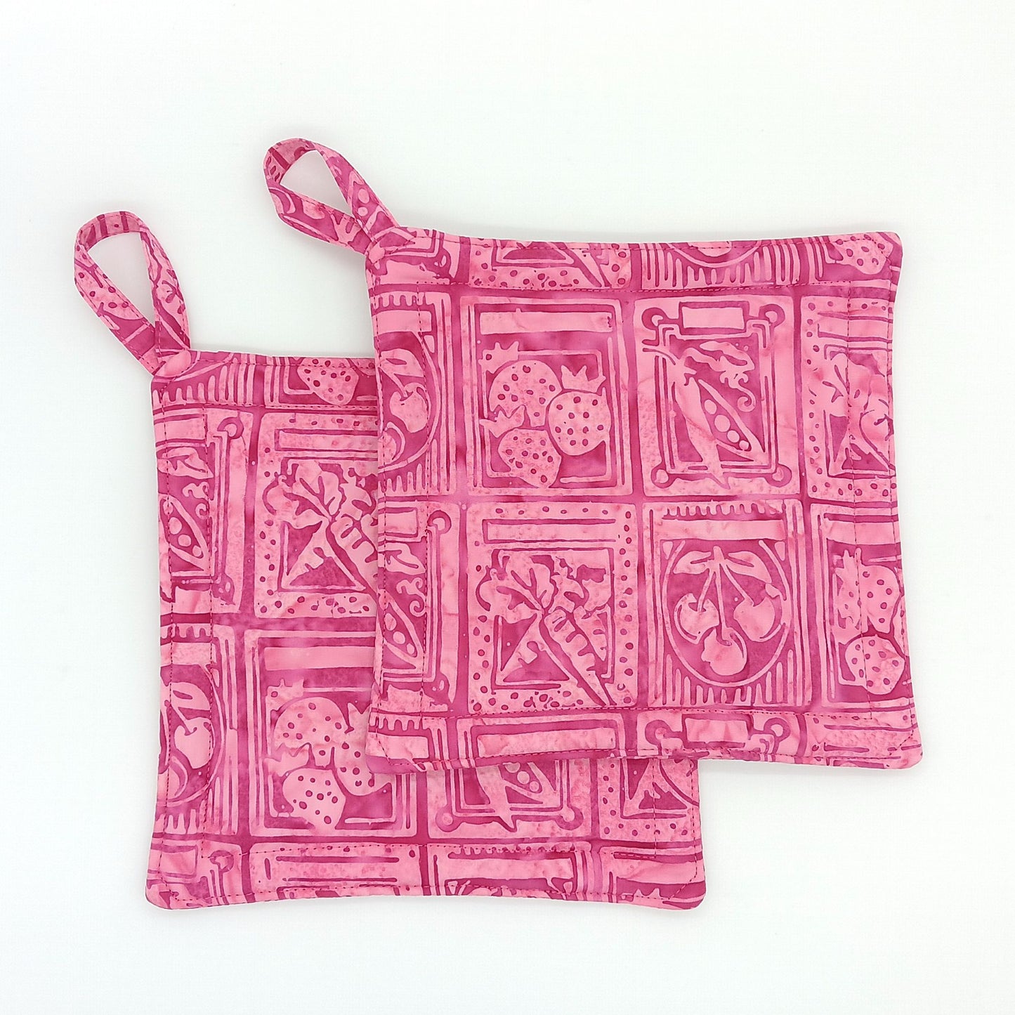 Handmade Pink Batik Potholders, Set of 2, Cotton Insulated Hot Pads, Colorful Kitchen Gift for Cooks